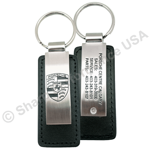 K0383, Premium Leather & Metal Rectangle Key Chains, Completely custom leather keychain key fob with custom metal sides to display company name and information, custom leather keychains bulk for car dealers and companies