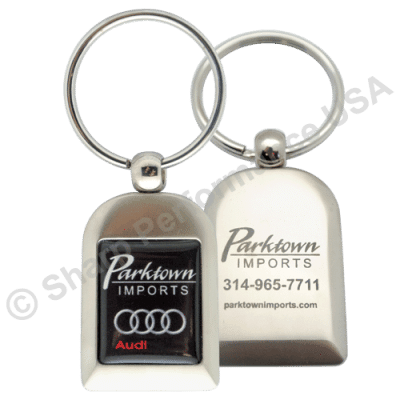 Custom Metal Key Holder with Rectangular Color Logo, custom keychains with engraved text dealer or company logo on the backside