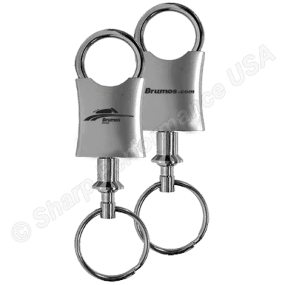 Item# K667, metal custom keychains bulk multifunction custom valet keychains with twist and pull-a-part split ring engraved both sides with company logo and information on both sides