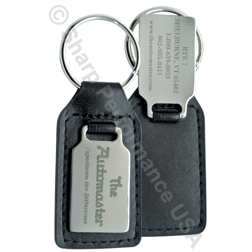 K9047m Leather & Metal Key Fob Brass w/ Shiny Nickel Finish, Also available in Leatherette Material, custom logo keychains featuring your brand