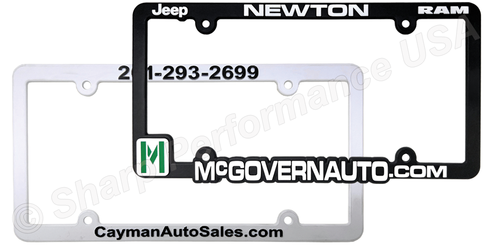 Chrome Face Plastic License Plate Frames, With either four holes or two holes. Recessed Panels Raised Imprint text, logo High Impact ABS Plastic, 
