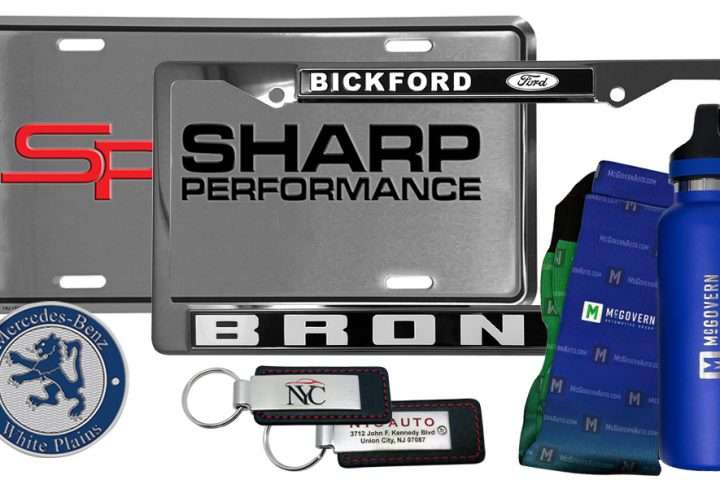 Top 10 Promotional Product Ideas for Car Dealers, Sharp Performance, License plate frames keychains and other promos