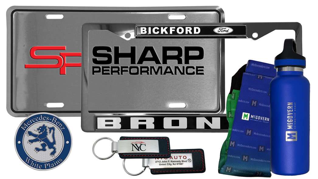 Top 10 Promotional Product Ideas for Car Dealers, Sharp Performance, License plate frames keychains and other promos