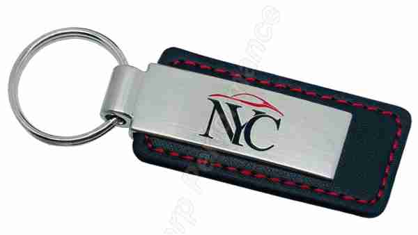 Custom Leather & Metal Keychain rectangular logo area with custom plating. custom metal keychains that holds the keys with attached split ring..material is rectangular and has contrast stitching. promotional metal keychains K0383-PN-DE
