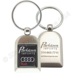 In-stock metal keychain with pearl nickel finish ready for fast engraving and quick-ship dealer promotions