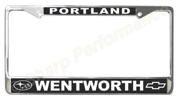 Custom Stainless Steel License Plate Frames Thin Top Thick Bottom, Raised Letter Text Panel, 2 Hole, custom license plate frames, auto dealer license plate frames