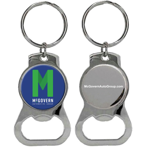 KPB06 Metal Bottle Opener Keychain with custom logo on front, and engraved text on the back