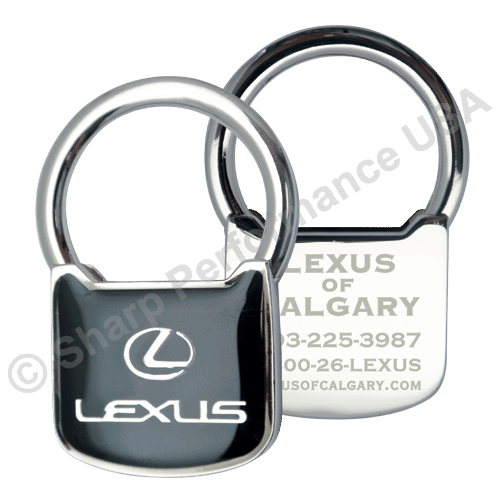 Item# K301, premium metal promotional keychain, lock type keychain shiny silver with dealership info engraved on backside, die struck Lexus dealer keychain logo on frontside
