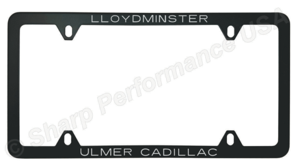Metal Custom stainless steel license plate frames with black painted finish and either laser engraved logo or silk screen text and logo for car dealerships