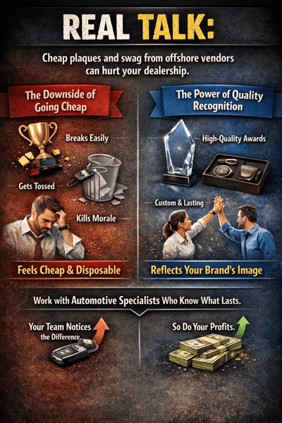 Real Talk Don't Waste Money on Junk Too many dealerships chase the cheapest plaques or swag online